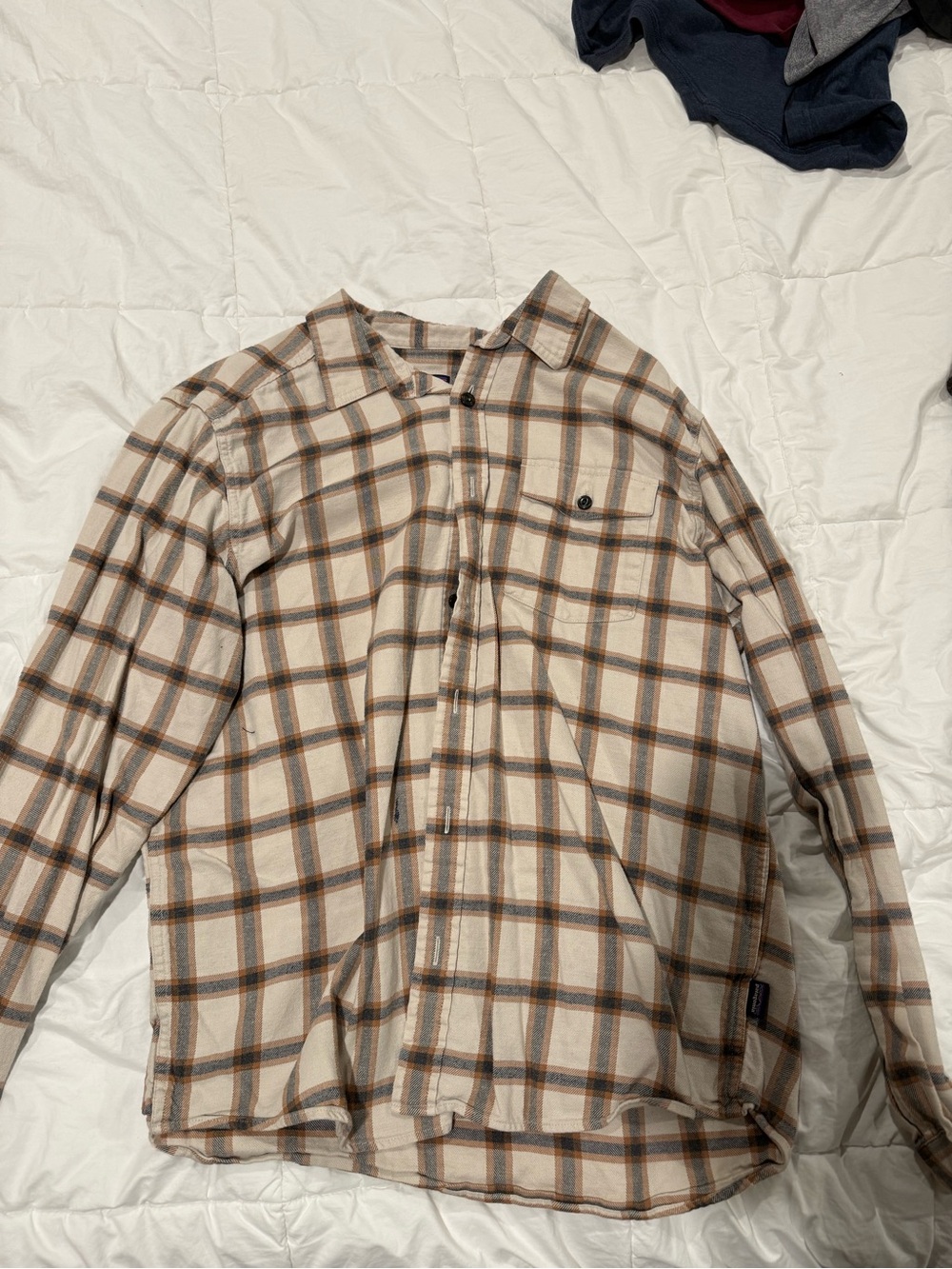 Patagonia Beige Plaid Button-Down Shirt with Brown and Blue Stripes